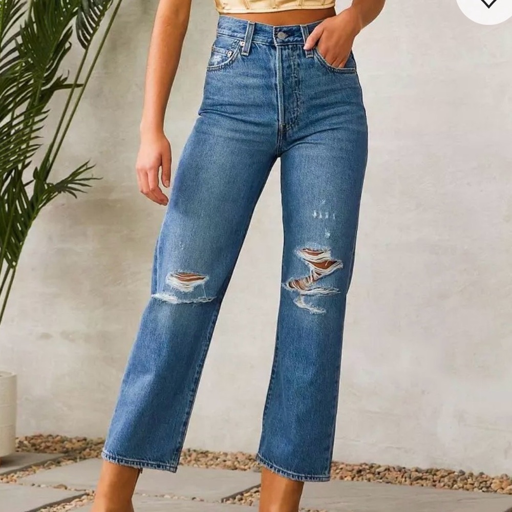 levi’s and straus buttonfly ribcage Blue Distressed Women's Jeans